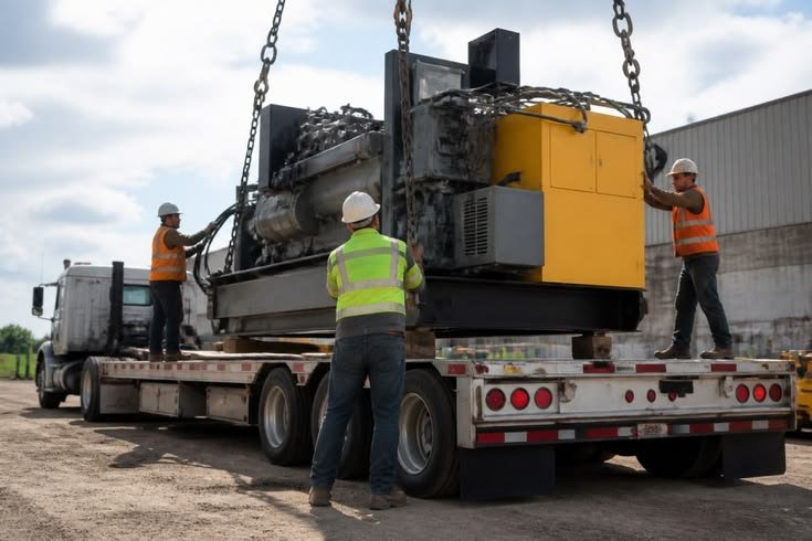 Large industrial machine secured on a low-bed trailer